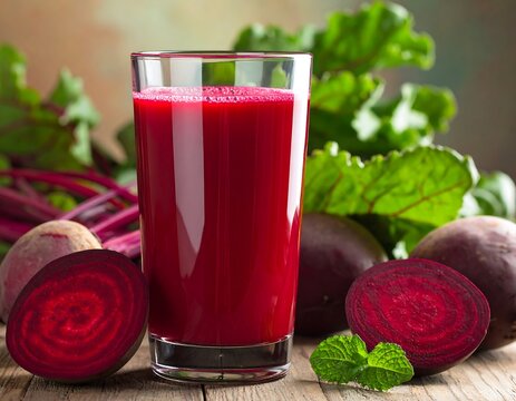 A glass of fresh beetroot juice surrounded by raw beetroots and green leaves on a wooden table. Perfect for healthy diet and nutrition marketing concepts.
