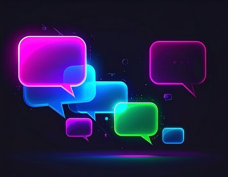 Vibrant glowing speech bubbles in neon colors against a dark background. Ideal for digital communication and social media concepts.