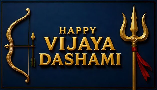 Happy Vijaya Dashami elegant blue banner featuring 3d golden metallic text bow arrow and trishul ornaments with red ribbon. 