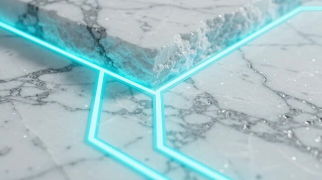 Pristine white marble intersected by sharp glowing neon cyan circuit line