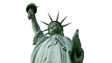 Isolated Statue of Liberty icon with raised torch and tablet, historical text below © Andrei