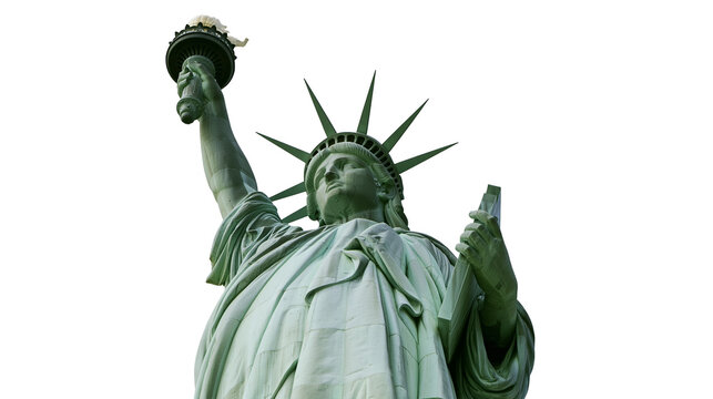Isolated Statue of Liberty icon with raised torch and tablet, historical text below