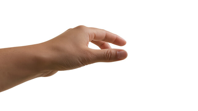 Isolated human hand making a precise pinching gesture, fingers curved ready to hold small item.