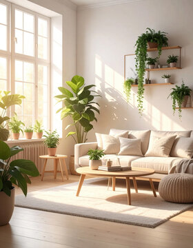Sunlit living room with indoor plant, beige sofa, wooden furniture, and floating shelves creating calm Scandinavian interior