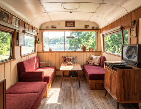 Vintage camper interior with burgundy seating, wood paneling, and sunlight through windows creating cozy travel lounge atmosphere