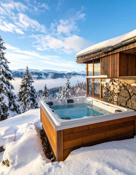 Winter outdoor hot tub overlooking snowy mountain landscape and alpine forest under blue sky, creating peaceful luxury retreat atmosphere for relaxation and travel inspiration