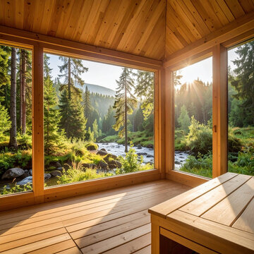 Wooden cabin interior overlooking forest river and mountain landscape in warm sunlight, creating peaceful nature retreat with panoramic windows and rustic architecture