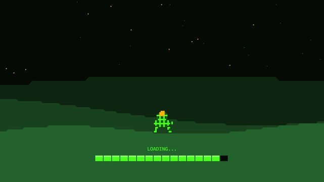 Retro Pixel Art Game Loading Screen with Green Character and Progress Bar