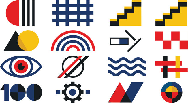 Abstract Geometric Icon Collection with Colorful Shapes Symbols Waves Eye Gear Rainbow and Modern Minimal Vector Design Elements