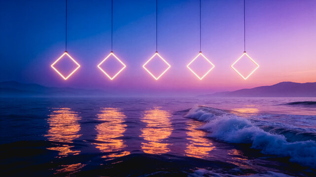Five glowing square neon lights hang over a calm ocean at twilight, their reflections visible on the water surface with distant mountains under a gradient sky.