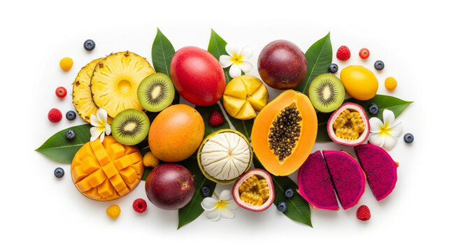 Assortment of Exotic Tropical Fruits and Berries Arranged Artfully on White Background