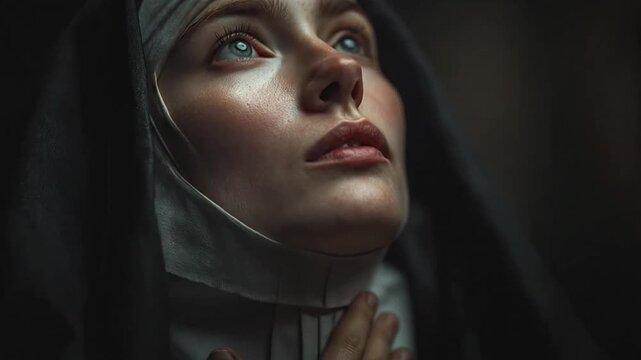 Nun gazing upward in contemplative prayer.