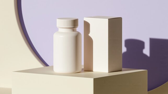 Minimal sleep support supplement packaging mockup with bottle and carton on a clean pedestal with moon shadow and lavender accents Generative AI