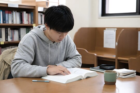 自習室で参考書を開く受験生