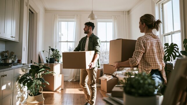 Partners unpack boxes in a bright new apartment and arrange their home together with moving day teamwork Generative AI