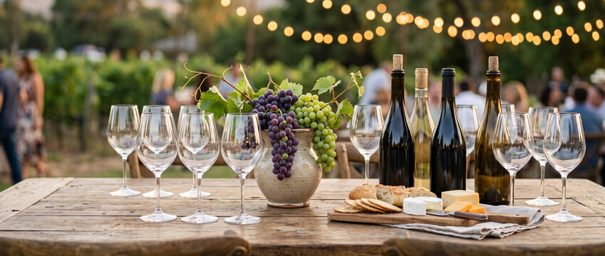 Wine bottles and empty glasses on wooden table with grapes and cheese board in vineyard at sunset. Outdoor wine tasting party with string lights. Vineyard festival and sommelier degustation concept