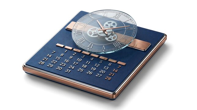 A sophisticated desk calendar features a transparent clock face mounted on a blue surface.