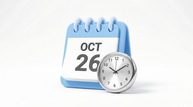 A light blue desktop calendar showing October 26 stands next to a silver analog clock.