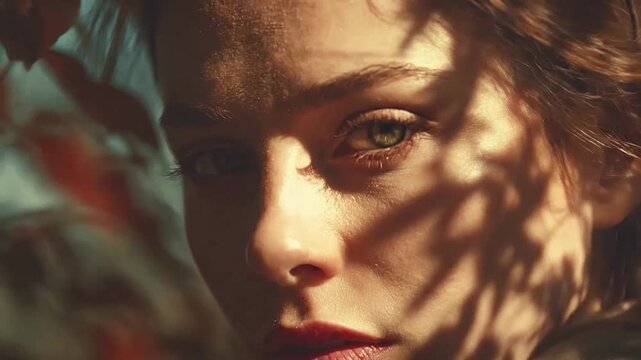 Woman face with dramatic leaf shadow patterns.