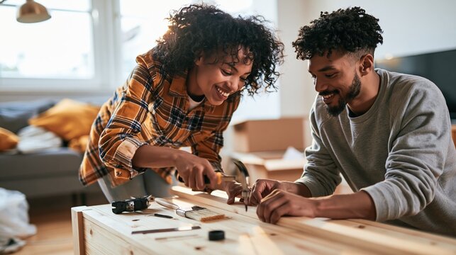 Young couple enjoys assembling furniture in their new apartment while having fun together Generative AI
