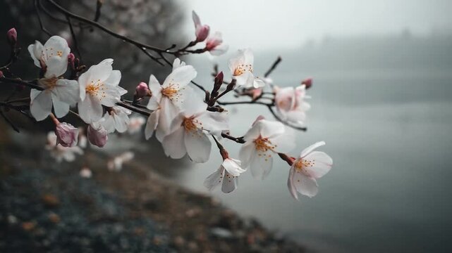 White spring blossoms on branch against soft background.