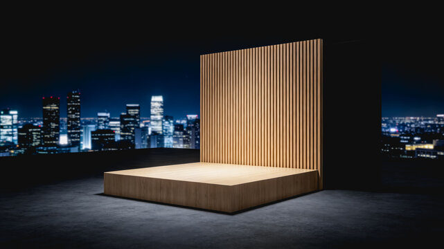 A minimalist empty wooden stage and backdrop set against a lit night city skyline, suitable for product displays.