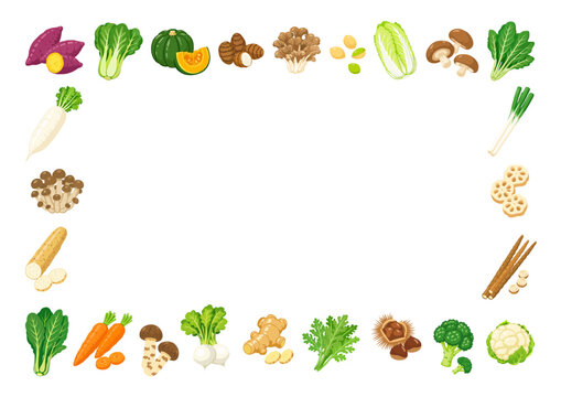 秋野菜の四方フレーム背景｜秋の味覚と野菜のイラスト飾り枠