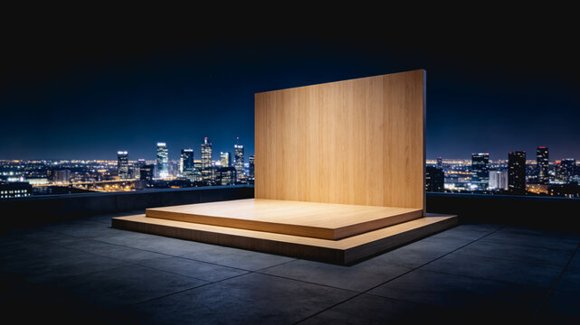 A minimalist two-tiered wooden stage on a rooftop, with a blank backdrop, set against a lit night city skyline for product display.
