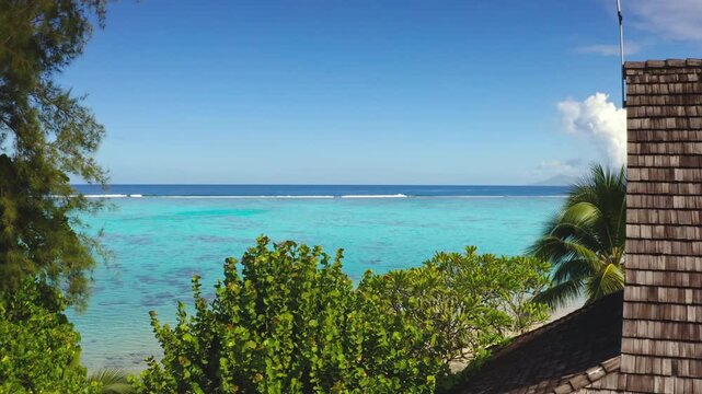 Resort rooftop with wooden shingles overlooking the vibrant turquoise lagoon and distant deep blue Pacific Ocean under a clear sky framed by green foliage. Travel and vacation background. Drone flight