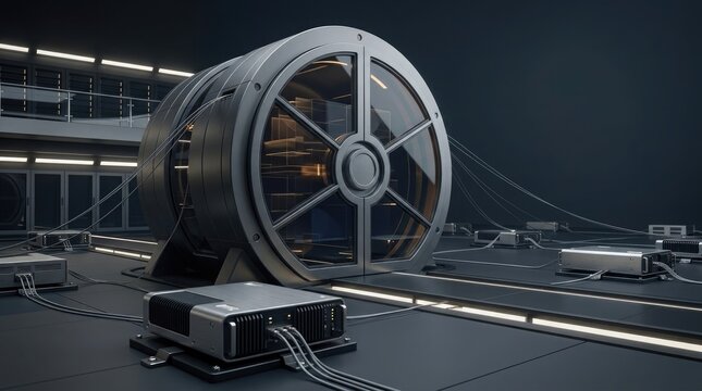 Futuristic spaceship engine detail with glowing elements and metallic textures in dark space
