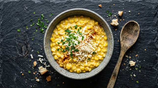 Creamy corn soup garnished with cheese and herbs on a dark stone surface