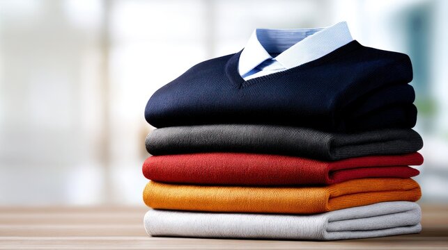 Stack of colorful folded sweaters and shirts, representing organized apparel for sale or wardrobe, copy space
