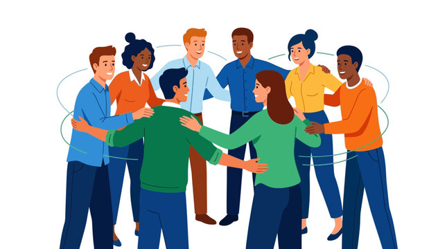 Diverse group of people in a circle, embracing and showing unity and collaboration. Vector illustration.