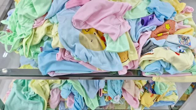 Messy pile of colorful pastel children's clothing and underwear on a glass display shelf in a retail store