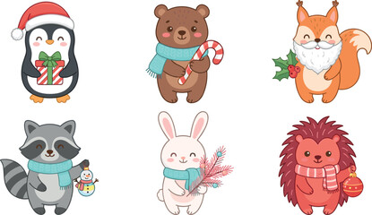 Obraz premium Cute Christmas Woodland Animals Vector Character Set Featuring Penguin Bear Squirrel Raccoon Rabbit and Hedgehog for Holiday Greeting Card and Sticker Designs