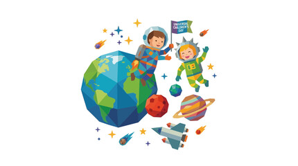 Naklejka premium Astronaut kids exploring planets and stars in geometric style