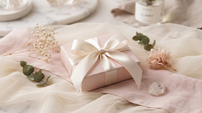 Elegant Gift Box with Ribbon on Soft Fabric Background.