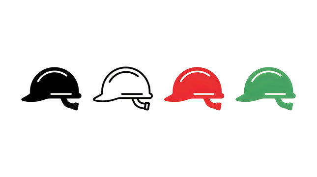 Four colored construction helmets in a row