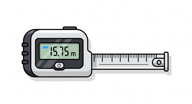 Digital tape measure illustration with LCD screen showing metric distance, modern measuring tool for construction and diy projects isolated on white background.