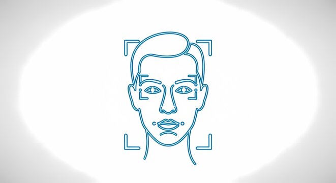 Facial recognition technology concept featuring blue line art biometric scan of a human face on white background for digital security and AI identification systems.
