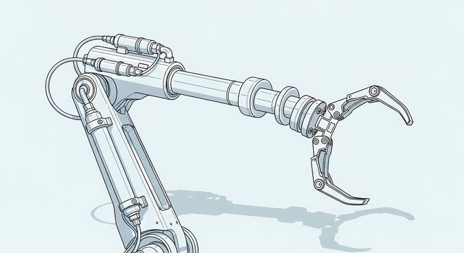 Industrial robotic arm technical illustration with mechanical gripper for automated manufacturing and factory engineering processes.