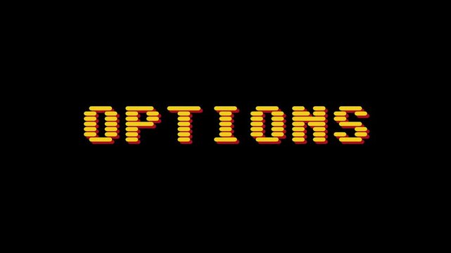 OPTIONS Menu Screen Graphic Design from a Video Game with Retro Pixelated Text on a Black Background for User Interface Elements