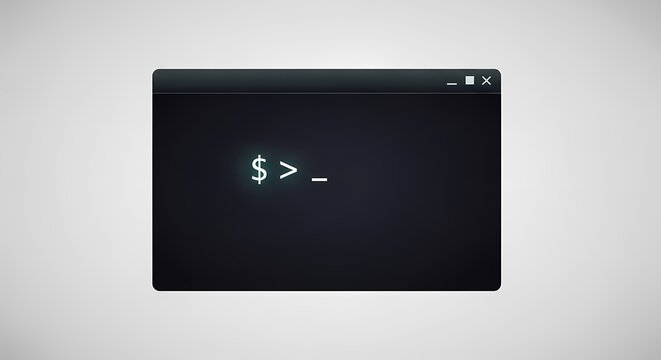 Minimalist digital terminal command line interface with dollar sign prompt on dark window. Ideal for programming, cybersecurity, system administration, and software development concepts.