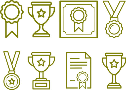 Collection of achievement icons including trophies, medals, ribbons, and certificates in green line art style