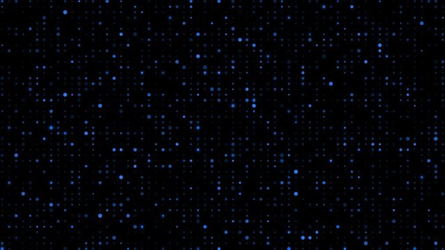Abstract digital background with flickering blue light particles and data grid pattern.