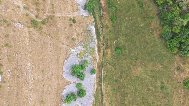 Top-down aerial drone shot flying over a Peak District landscape, showing a traditional dry stone wall dividing dry rocky limestone terrain from lush green pasture fields and trees