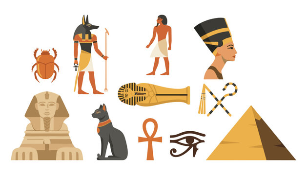 Ancient Egypt culture vector icon set with pharaoh sphinx pyramid anubis scarab sarcophagus and traditional historic symbols isolated on white