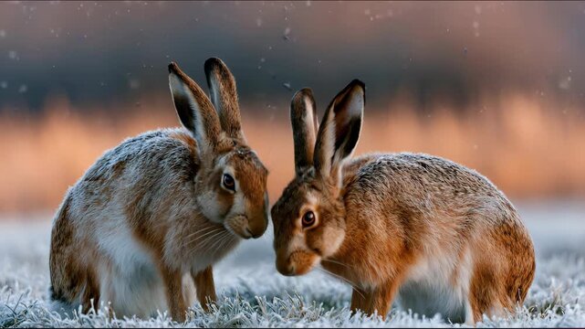 Two wild rabbits facing each other closely on blur warm background in natural habitat portrait.