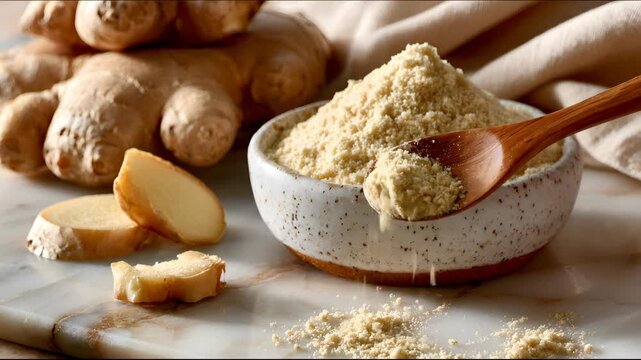 Ground ginger powder in ceramic bowl with fresh sliced ginger roots on table for healthy spice culinary recipe.