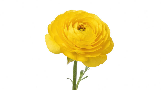 A single vibrant yellow ranunculus flower in full bloom with delicate petals and a green stem.